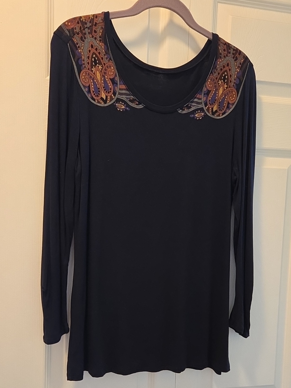 Women's Long-Sleeve Black Top with Paisley Accent